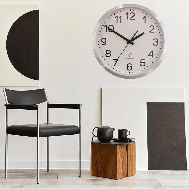 Atomic 12-Inch Wall Clock with Silver Aluminum Frame – Radio Controlled