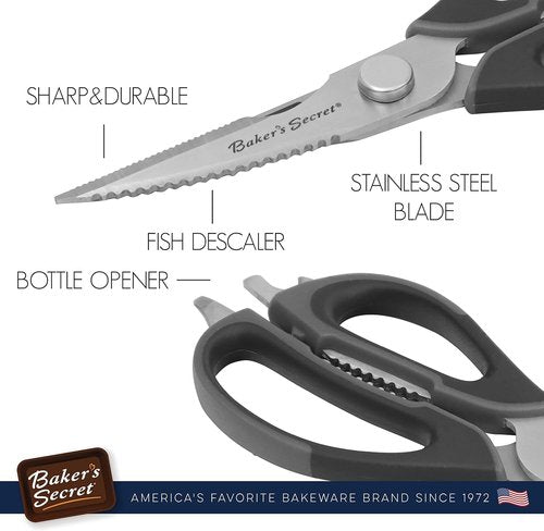 Baker's Secret Kitchen Scissors - 8.5" Stainless Steel with Nut Cracker & Bottle Opener | Black Handle