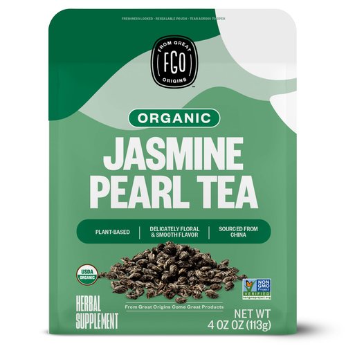 FGO Organic Jasmine Pearl Green Tea, Four Ounce, Loose Leaf, Resealable Bag, Packaging May Vary (Pack of 1)