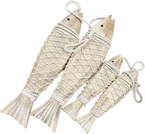Antique Wood Fish Decor by [Brand Name] - Rustic Nautical Hand-Carved Wall Hanging Ornaments | 12.59" & 7.8" Sizes