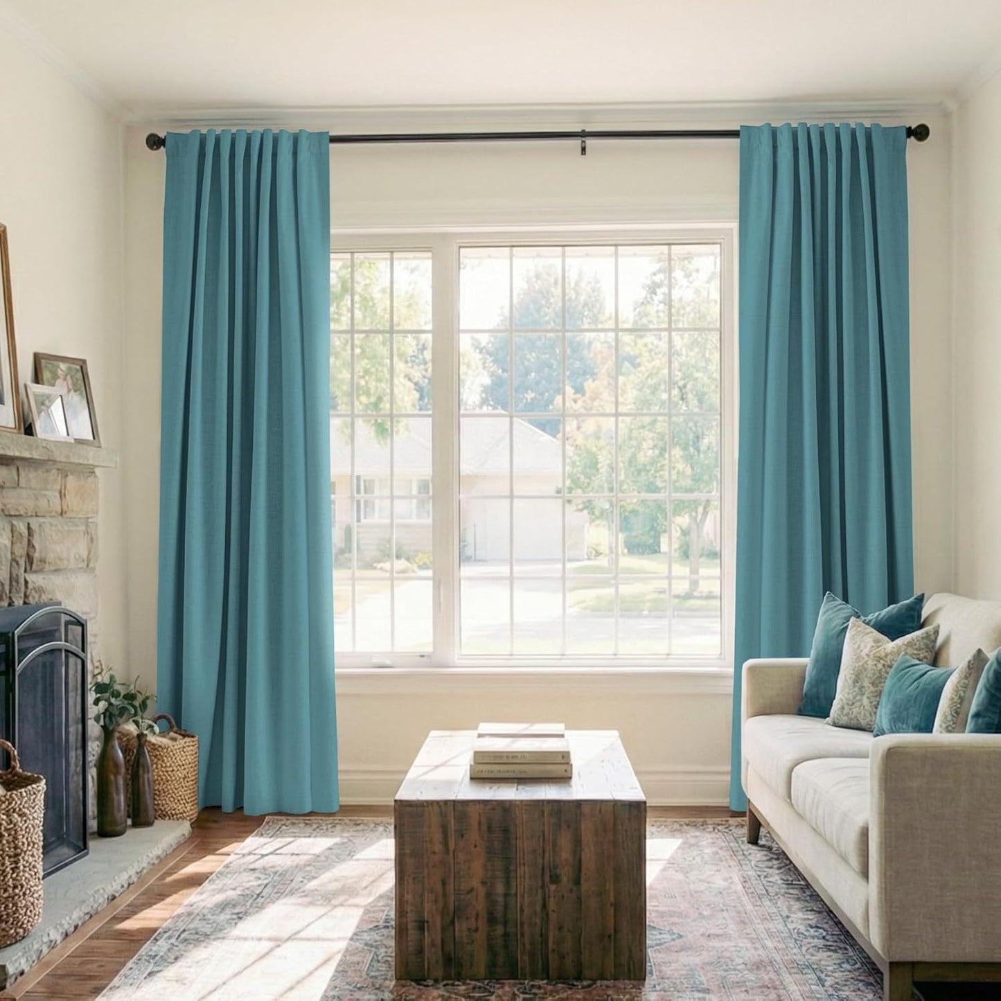 Skiennix 100% Blackout Linen Curtains - Thermal Insulated Drapes, 2 Panels Set, 50" W x 84" L, Dark Cyan