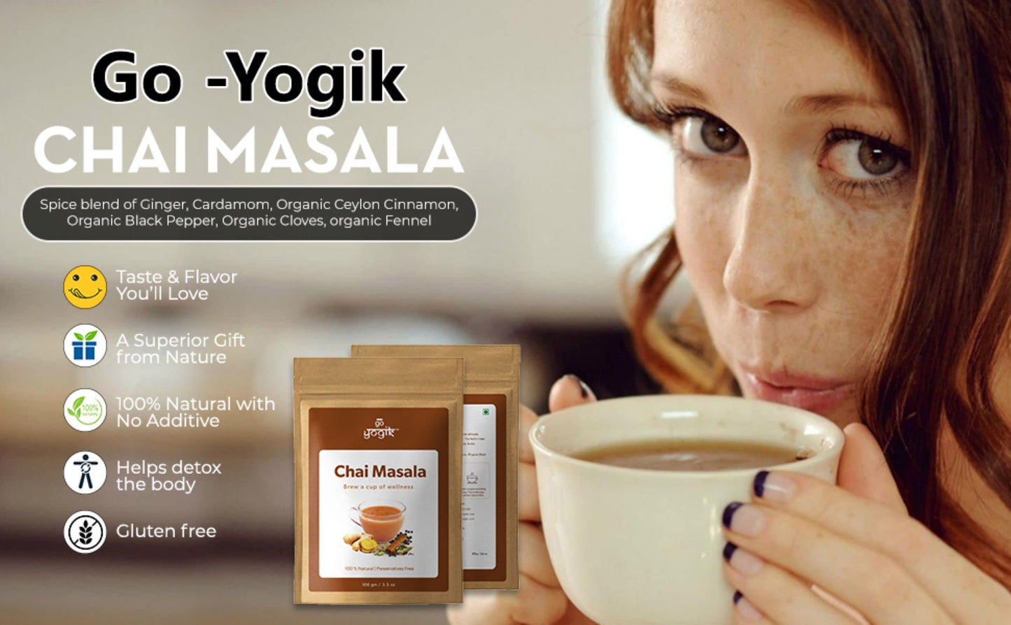 Go-Yogik Chai Tea Masala Spice powder[ 3.5Oz-(80 cups] Authentic Blend of Ginger cinnamon cardamom- Caffiene Free, Vegan, Unsweetened, No tea leaf