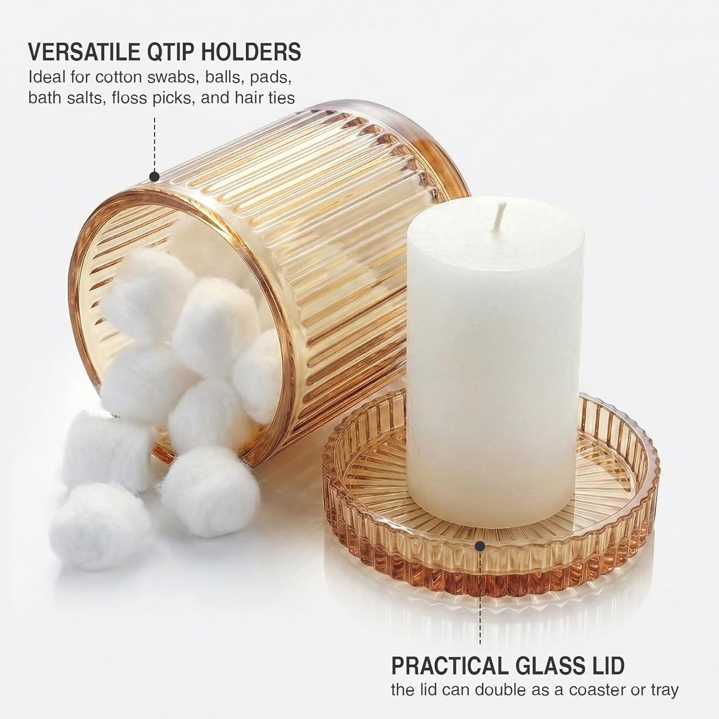 Skiennix Glass Qtip Holder Dispenser - 2 Pack Bathroom Organizers for Cotton Swabs & Makeup Storage (Amber)
