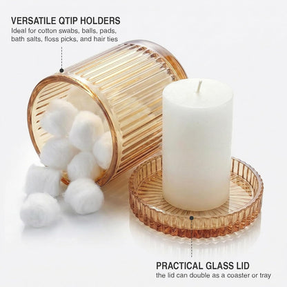 Skiennix Glass Qtip Holder Dispenser - 2 Pack Bathroom Organizers for Cotton Swabs & Makeup Storage (Amber)