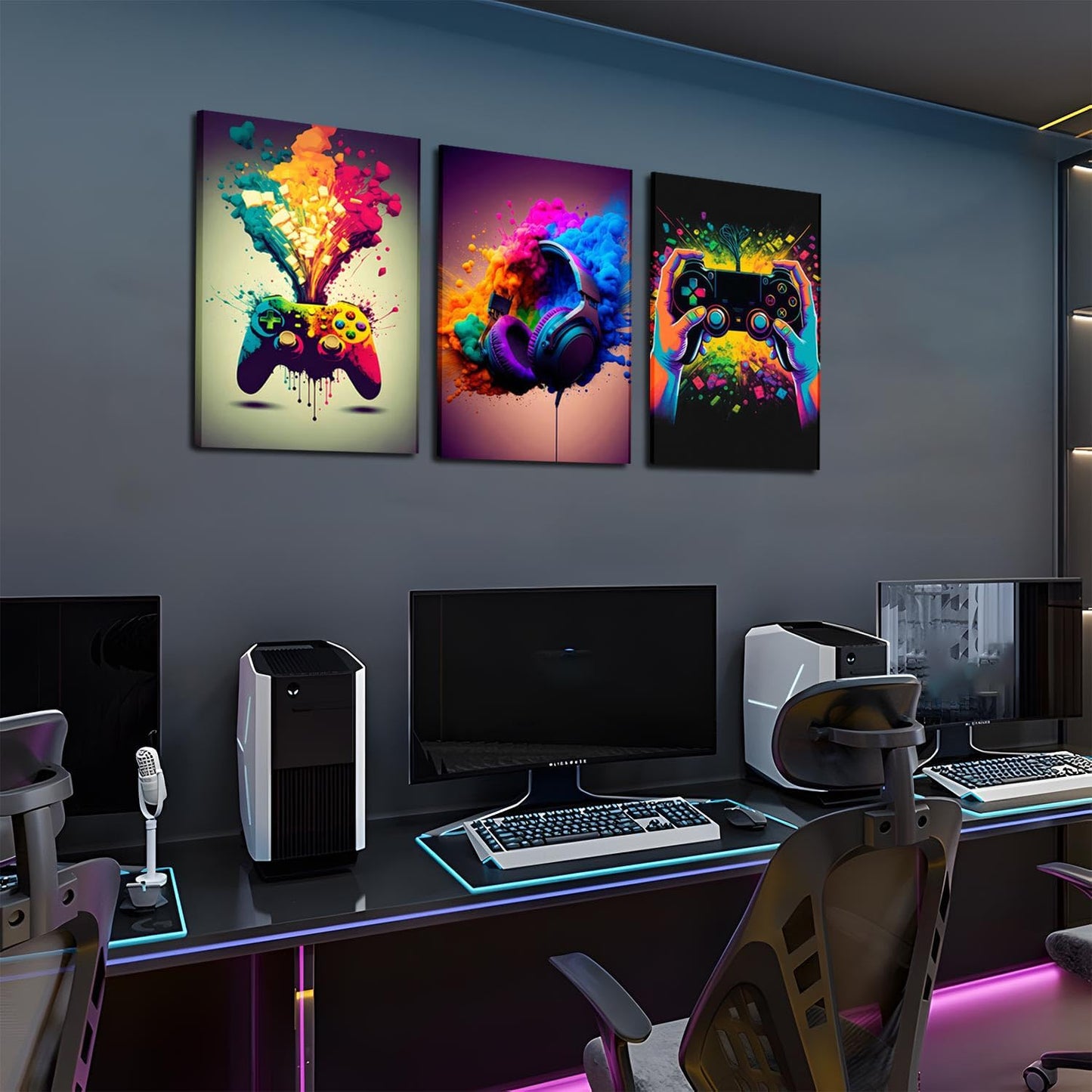 Skiennix Gaming Room Decor | Set of 3 Framed Canvas Posters - Video Game Controller Art for Boys 16x24 in