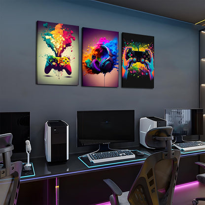 Skiennix Gaming Room Decor | Set of 3 Framed Canvas Posters - Video Game Controller Art for Boys 16x24 in