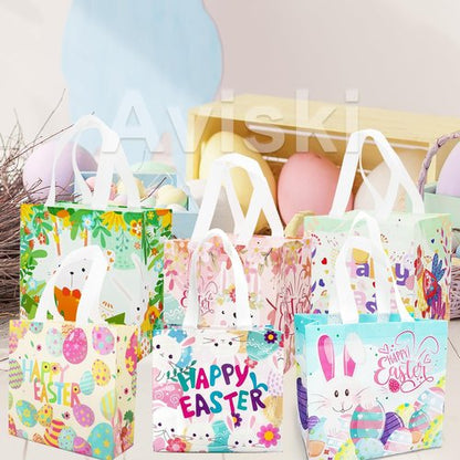 Aviski 6PCS Happy Easter Egg Hunt Bags, Assorted Sizes, Easter Bunny Carrot Chick Egg Treat Bag with Handles, Non-Woven Gifts Wrapping, Egg Hunt, Spring Party Supplies