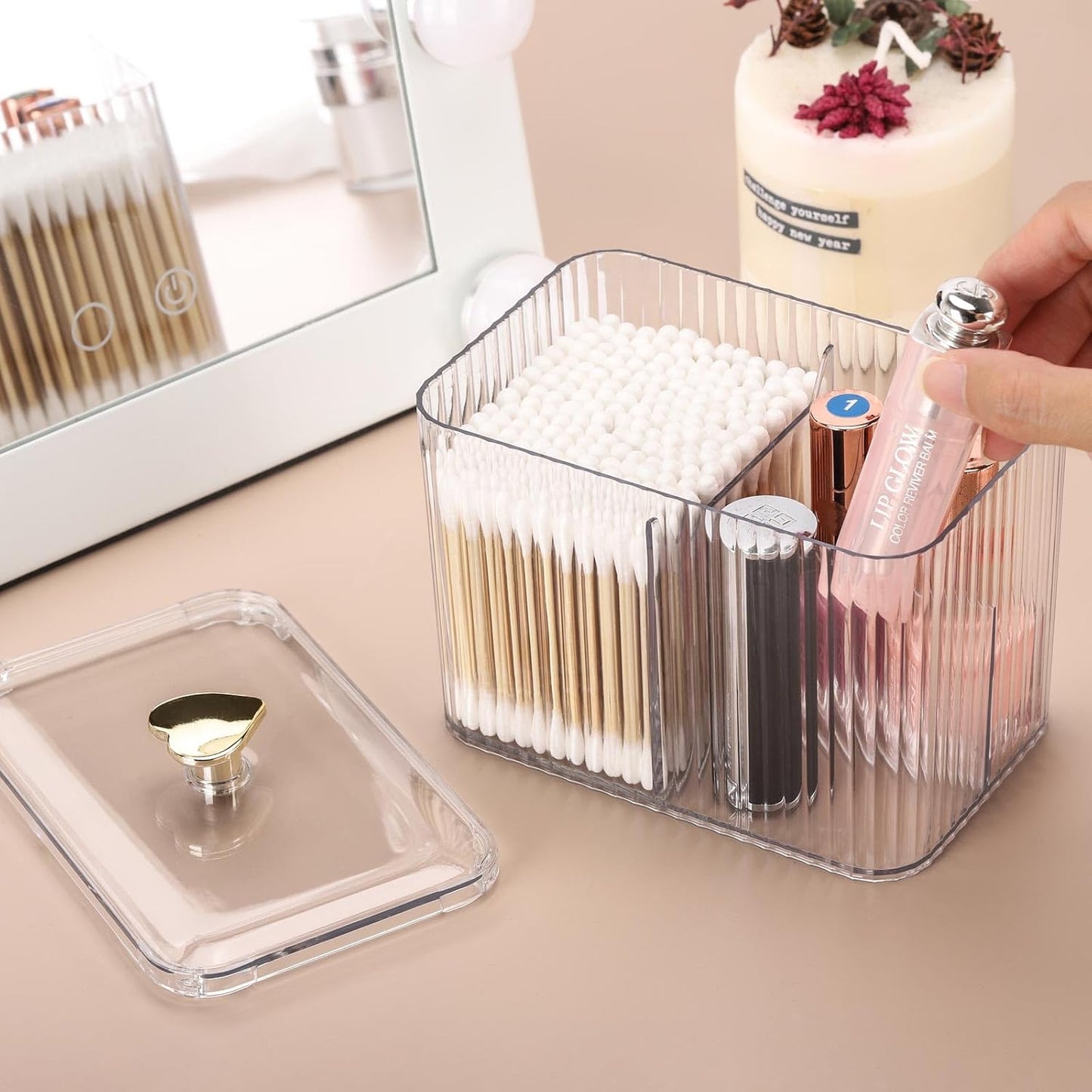 Tbestmax Qtip Holder - Clear 3-Section Bathroom Organizer Jar for Cotton Swabs & Pads | Vanity Storage