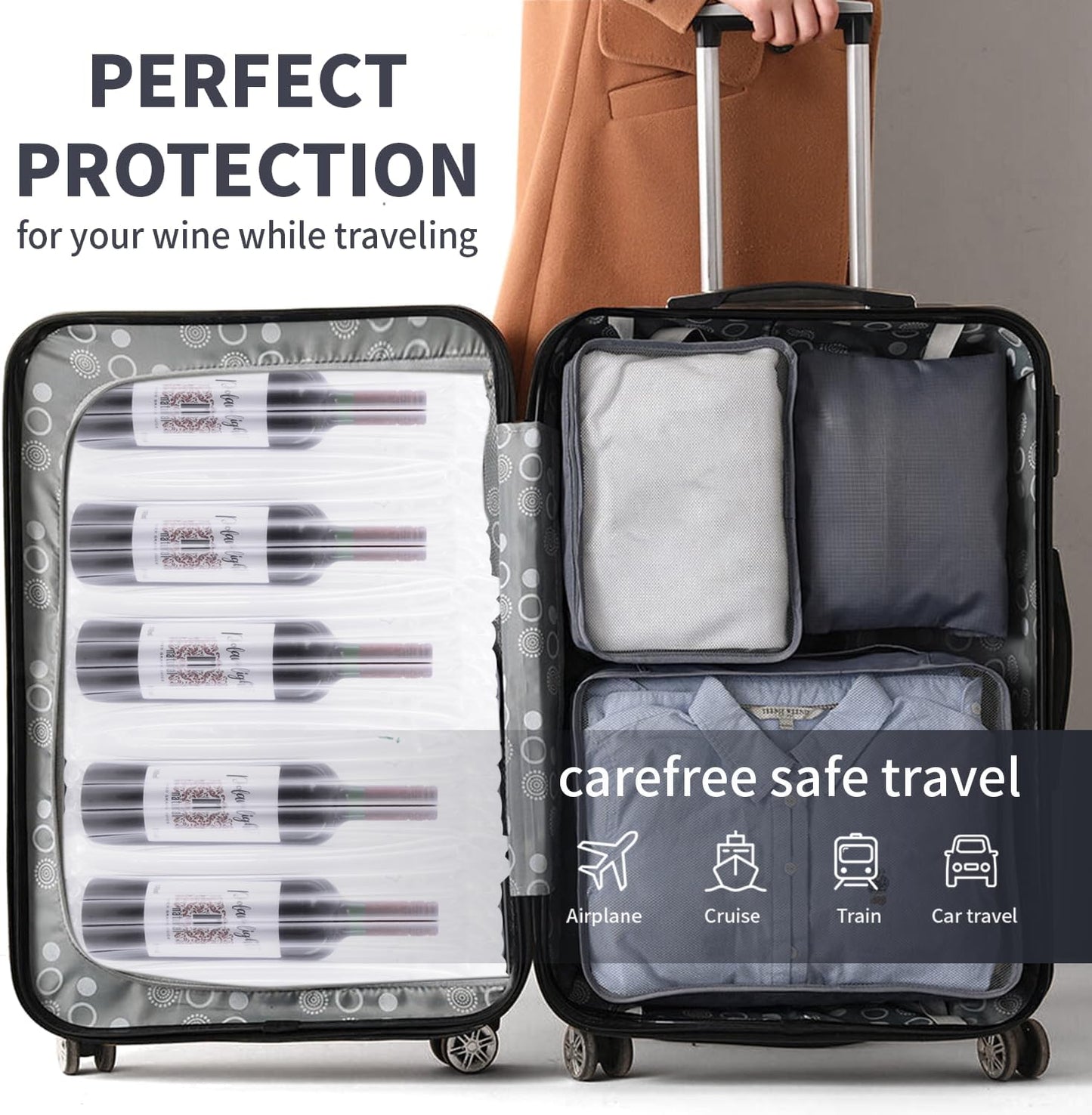 Wine Bags Bottle Protector for Travel - 10 Packs, Inflatable Air Column Bubble Cushion Wrap Wine Bottles Packaging Sleeve for Shipping Airplane Suitcase - 13 x 3.5 Inch