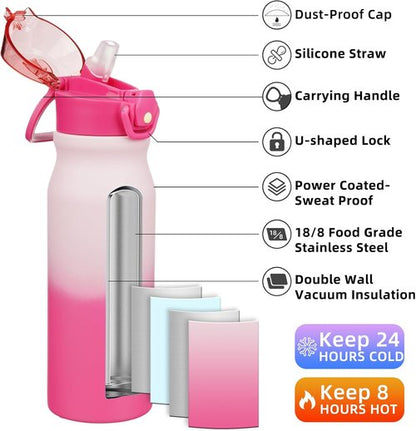 BJPKPK Insulated Water Bottle - 25oz Stainless Steel Thermal Flask with Straw & Carry Handle