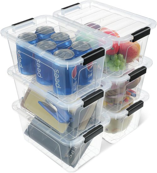 EOENVIVS Plastic Storage Bins - 7 Quart Stackable Containers with Lids & Black Buckle Latch | 6 Pack for Home & Office Organization
