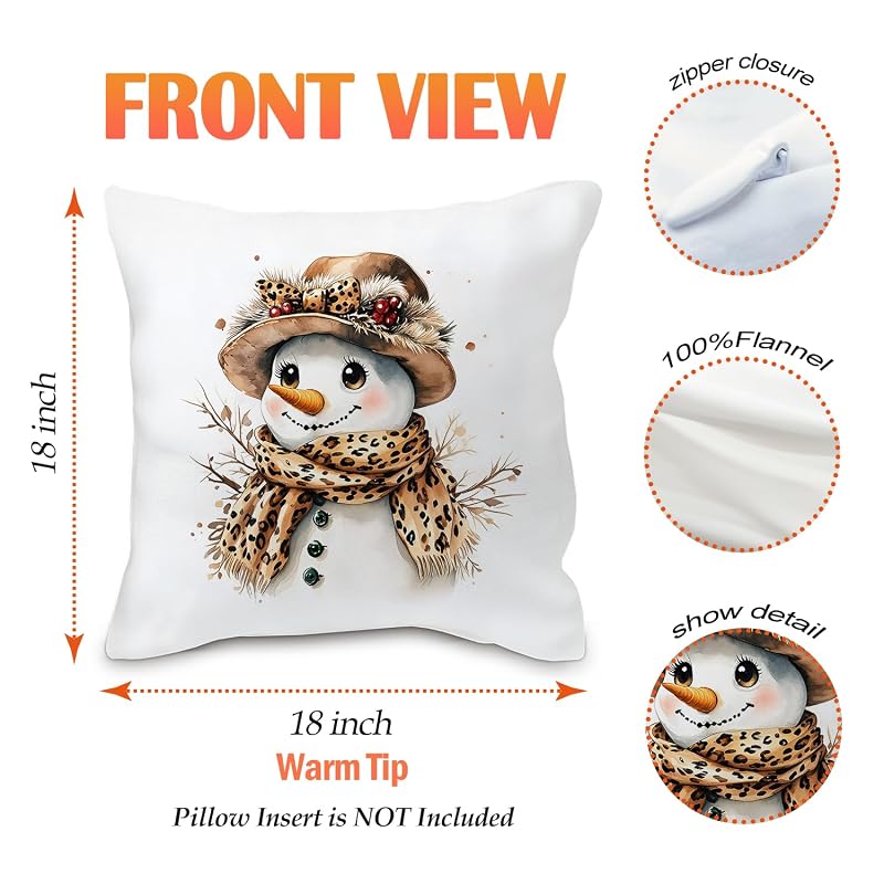 Leopard Snowman Pillow Covers 18x18 (Set of 2) - Xmas Rustic Decor, Flannel