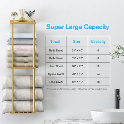 Liuoud Towel Rack - Wall-Mounted Vertical Towel Storage Organizer with Shelf | Holds 6 Large Bath Sheets - Gold