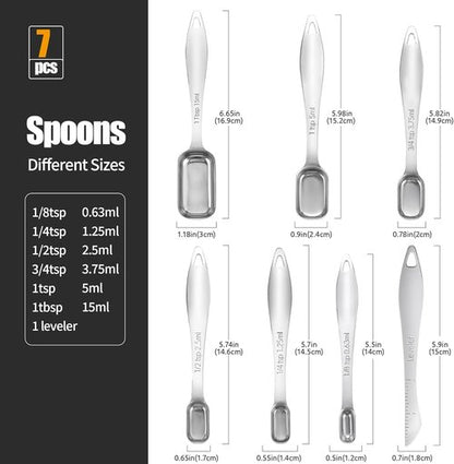 Doosu Measuring Spoons Set - Heavy Duty 18/8 Stainless Steel with Slim Long Handle | 7-Piece Set for Baking & Cooking