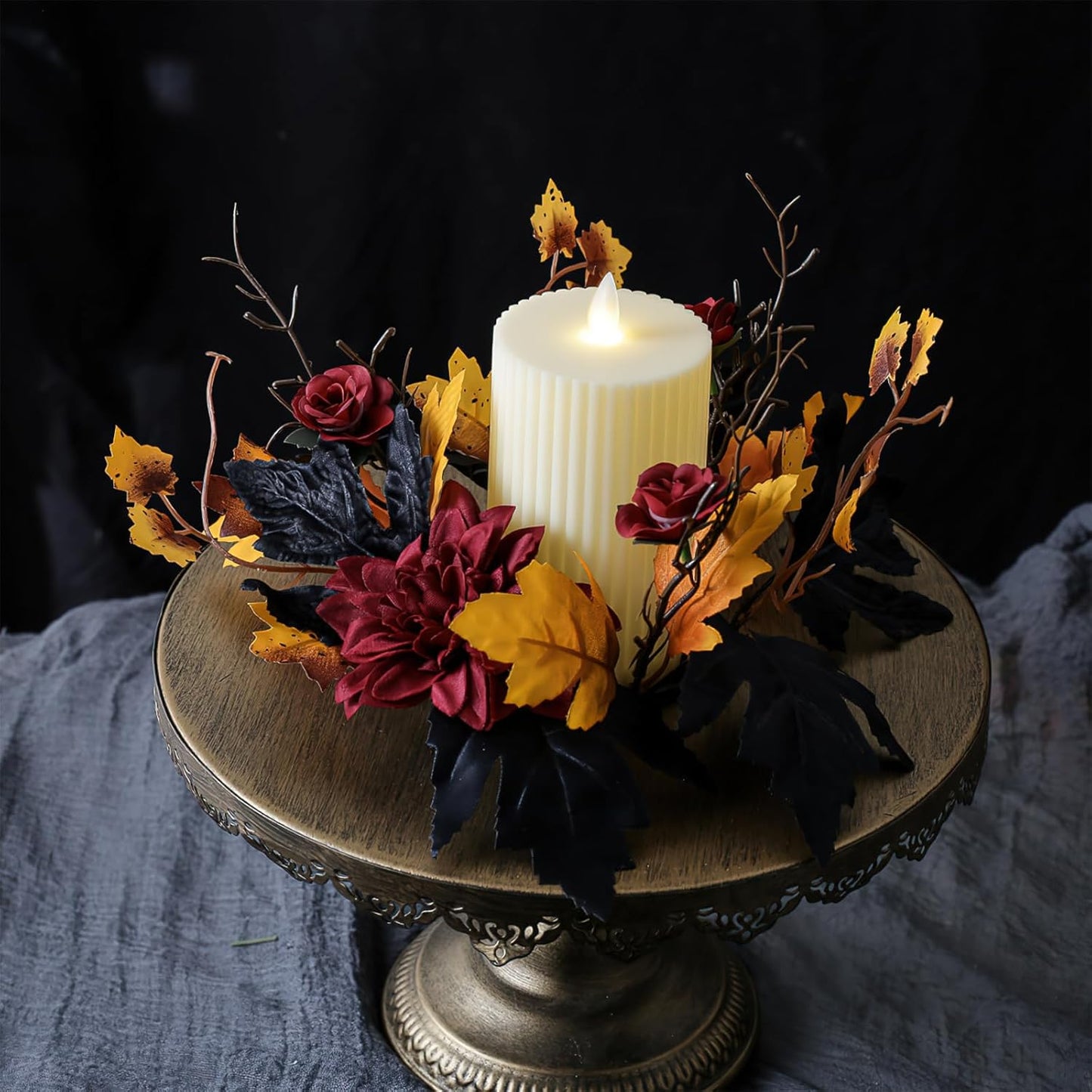 Regine Switzerland Halloween Candle Rings - Red Flowers & Artificial Maple Leaves Wreath | Perfect for Party Centerpieces