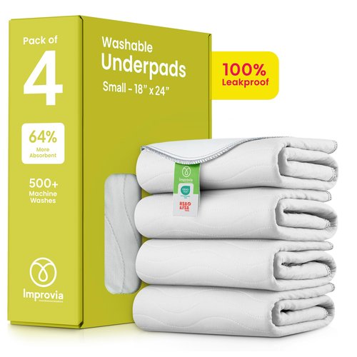IMPROVIA® Washable Underpads, Heavy Absorbency Reusable Incontinence Pads for Kids, Adults, Elderly, and Pets - Waterproof Protection Floor White & White (4 Pack - 18x24)