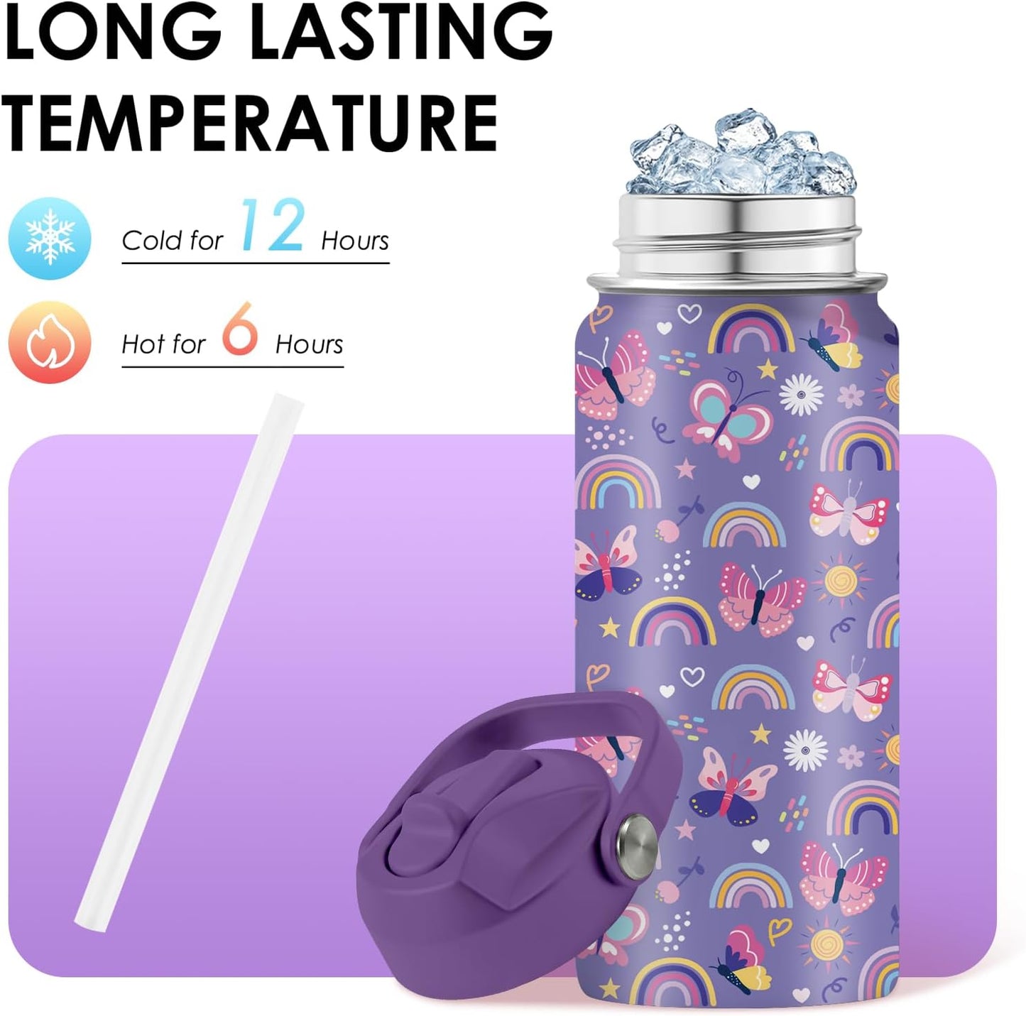 Skiennix 16oz Purple Kids Water Bottle - Stainless Steel Insulated Tumbler with Straw Lid | Leakproof & BPA-Free, Perfect for School & Travel