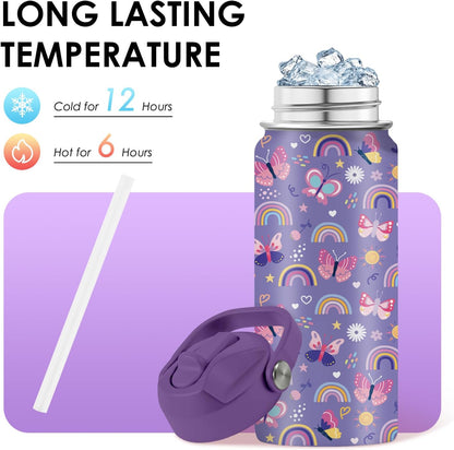 Skiennix 16oz Purple Kids Water Bottle - Stainless Steel Insulated Tumbler with Straw Lid | Leakproof & BPA-Free, Perfect for School & Travel