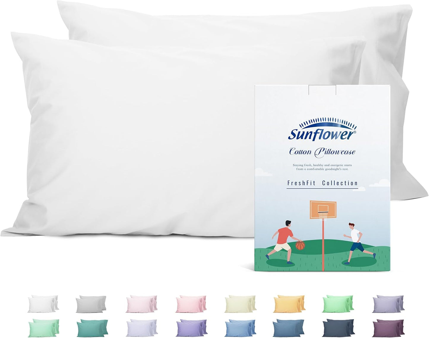 Sunflower Queen Pillowcases - Set of 2, 100% Cotton, Soft & Breathable, 20x30 Inches, Bright White