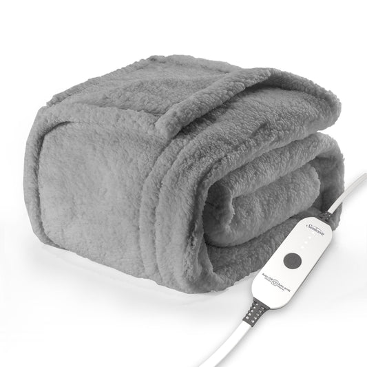 Sunbeam Royal Sherpa Foot Pocket Heated Throw Electric Blanket, 50" x 60", 4 Heat Settings, 4-Hour Auto Shut-Off, Warming Throw for Couch or Bed, Fast Heating, Machine Washable, Grey