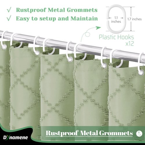 Dynamene sage Green Fabric Shower Curtain, Boho Tufted Geometric Striped Tassel Shower Curtain for Bathroom, Shabby Chic Modern Farmhouse Waterproof Cloth Shower Curtain Set, Wrinkle Free, 72x72