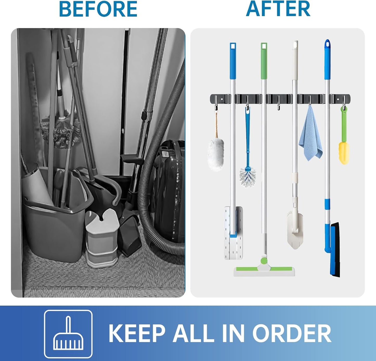 ZONGOOL Wall Mount Broom Holder - 4 Racks & 5 Hooks for Home Organization | Black Metal Tool Organizer