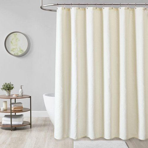 Dynamene Ivory Fabric Shower Curtain - Waffle Textured Heavy Duty Cloth Curtains for Bathroom, 256GSM Hotel Luxury Weighted Polyester Bath Curtain Set with 12 Plastic Hook, 72Wx72H,Cream/Ivory