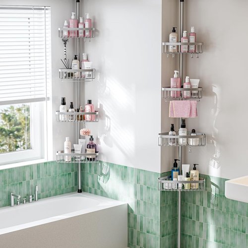 ESSEME Corner Shower Caddy - Adjustable Rustproof 4-Tier Bathroom Organizer | 47-121 Inch Quick Install Bathtub Shelves