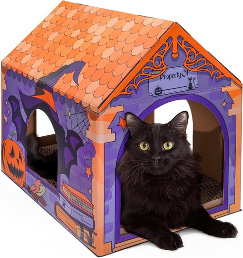 LiBa Cardboard Holiday Cat House with Scratch Pad and Catnip, Cat Bed for Indoor Cats, Cat Scratching Toy, Christmas Decorations Cat Gifts for Cats Pumpkin House