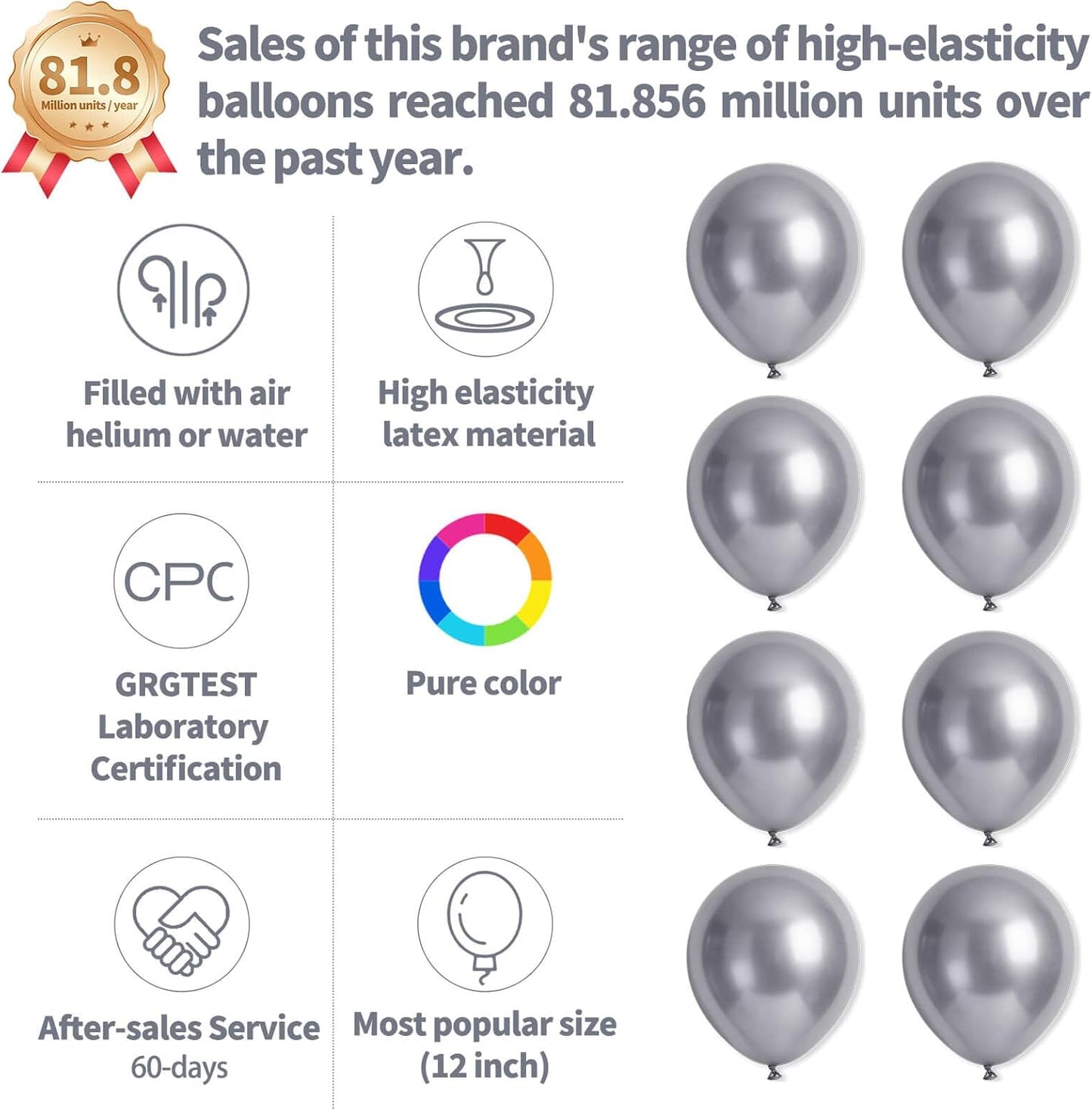 Metallic Silver Balloons by [Brand Name] - 12-Inch Latex Balloons for Birthday Party & Baby Shower | 110 Pack with Ribbons
