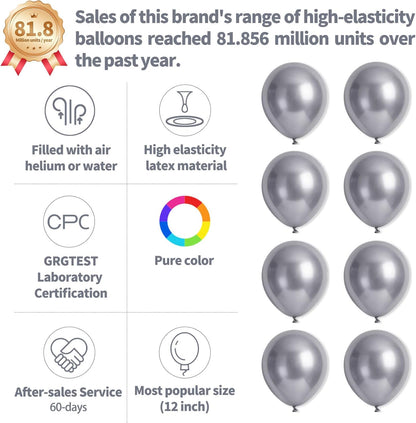 Metallic Silver Balloons by [Brand Name] - 12-Inch Latex Balloons for Birthday Party & Baby Shower | 110 Pack with Ribbons
