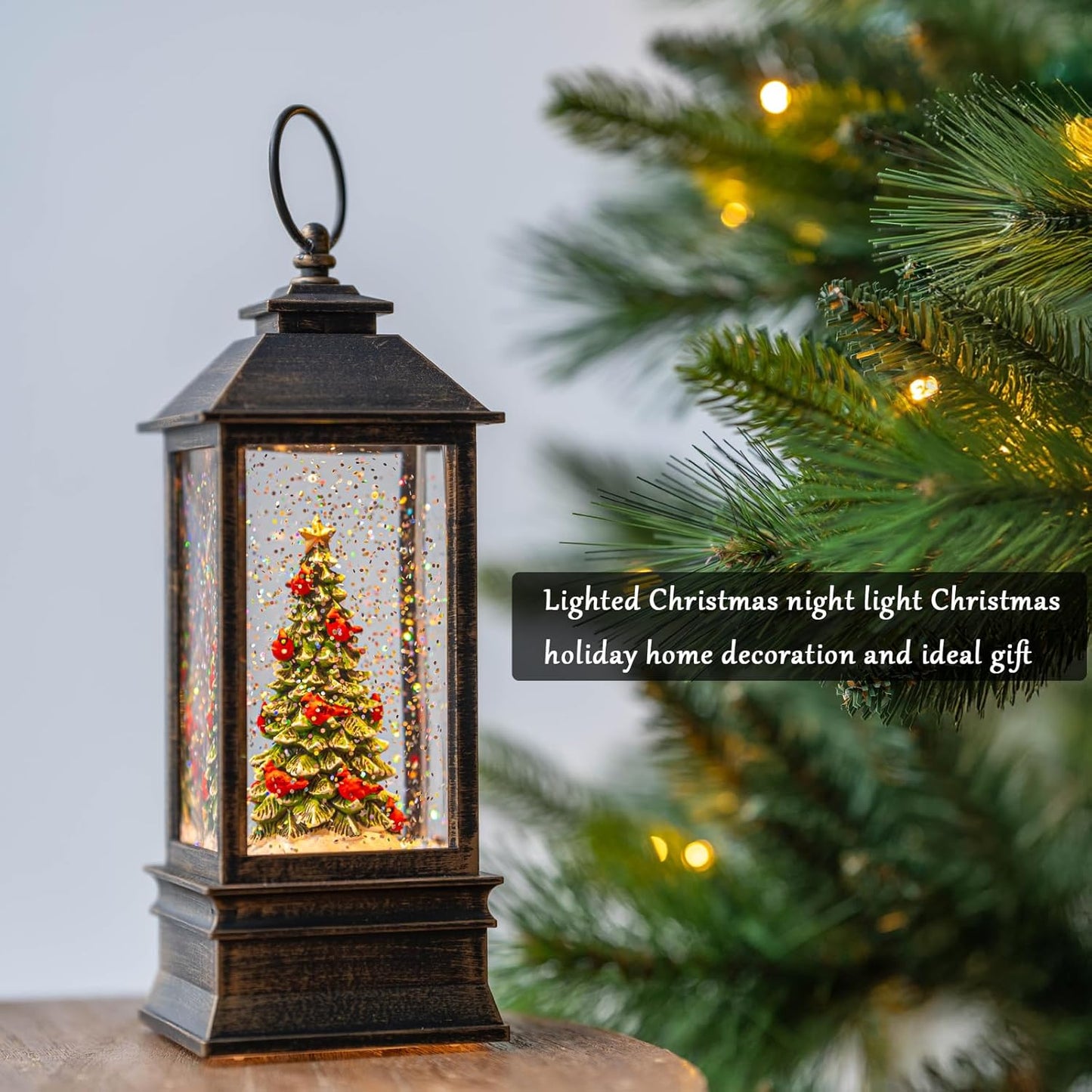 VISFLAIR 10'' Lighted Christmas Tree | Cardinal Music Snow Globe Water Lantern with Glitter