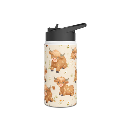 Insulated Water Bottle, 12oz, Cute Highland Cow - Double Walled Stainless Steel, Keeps Drinks Hot or Cold