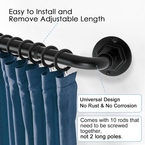 Byondeth Curtain Rods - Adjustable Blackout Wrap Around | 16 to 144 Inches, 1 Inch Diameter, Black