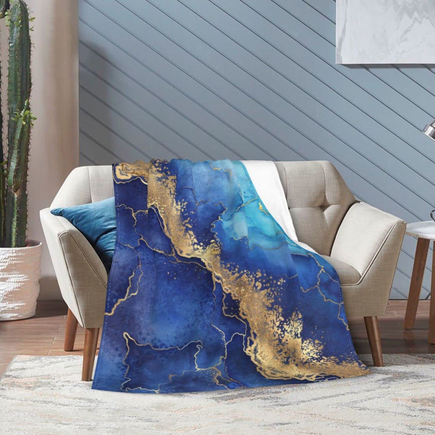 Perinsto Blue Marble Background Throw Blanket Ultra Soft Warm All Season Decorative Fleece Blankets for Bed Chair Car Sofa Couch Bedroom 50"X40"