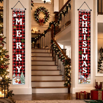 Merry Christmas Porch Banner - Red Buffalo Plaid with Snowman & Santa, Outdoor Door Decor