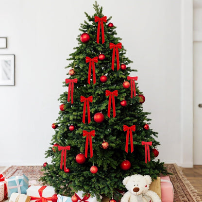 Valentines Tree Decorations - 12 Pcs Red Velvet Ribbon Bows | 5in x 8.7in Xmas Ornaments for Holiday Decor