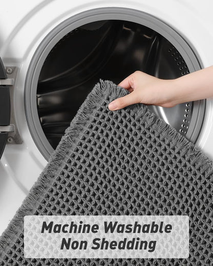 Upgraded Waffle Runner Rug, Super Absorbent Non Slip Bath Mats for Bathroom Floor, Washable Bathroom Runner Rug with Tassels, Ideal for Hallway Bedroom Laundry Room, Dark Grey, 2'x 5'(24" x 60")
