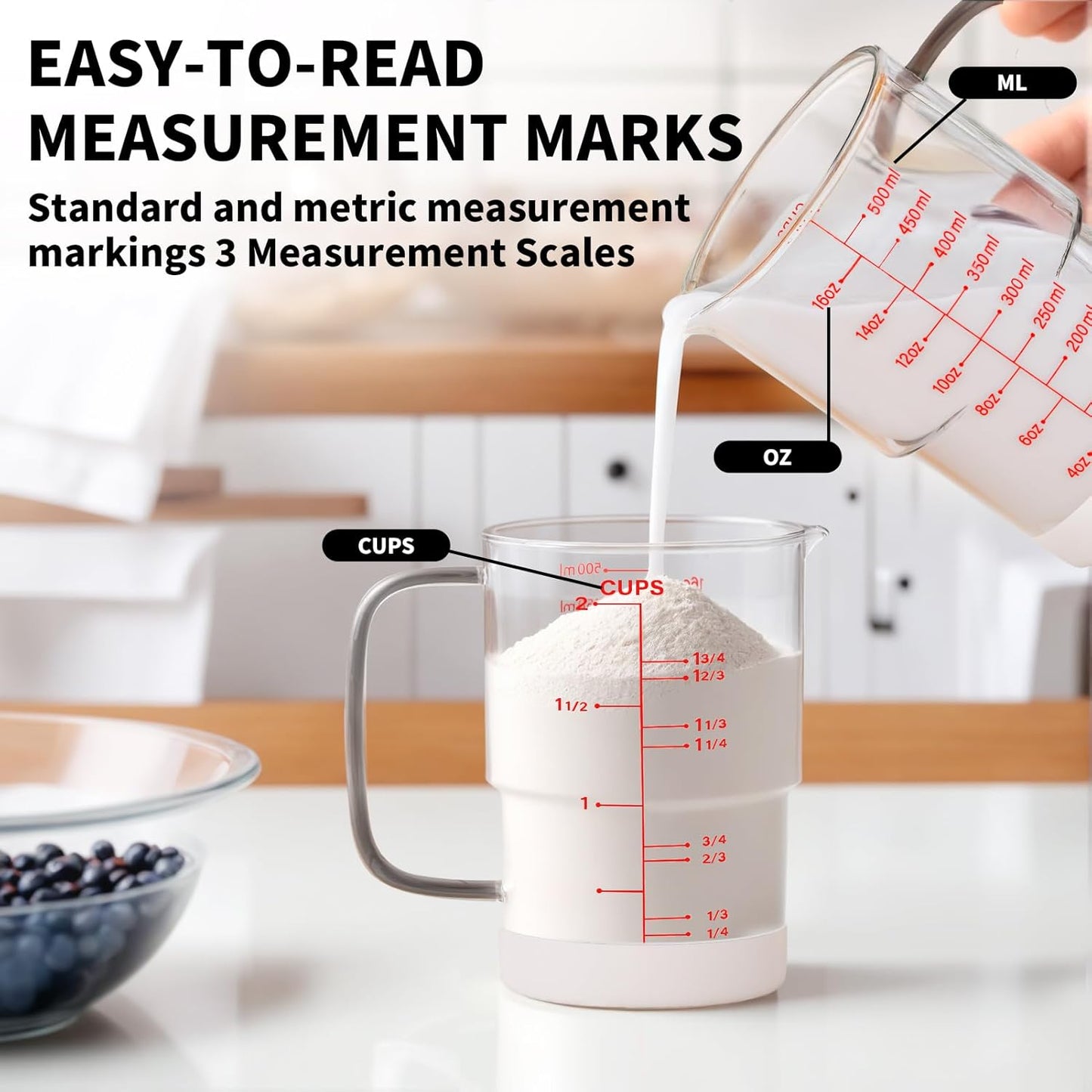 Newness 2-Cup Glass Measuring Cup - Upgraded Design with Cup/ML/Ounce Scale | Dishwasher & Microwave Safe