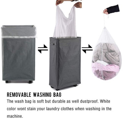 Laundry Hamper, Caroeas 27.5-inches Burlap Rolling Laundry Hamper Collapsible Tall & Slim Laundry Basket with Breathable Wash Bag Waterproof & Dustproof Laundry Cart on Wheels