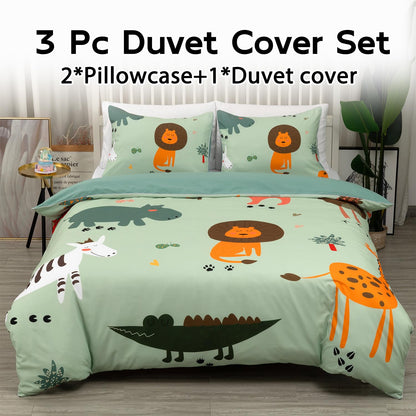 Dropshipful Animal Duvet Cover Set Queen Size, 3 Pieces Green Comforter Cover Set for Cartoon Cute Bedding Set with Lions, Giraffes, Hippos,Crocodiles