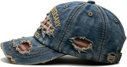 250th Anniversary USA Hat - Ripped Denim Baseball Cap for Men & Women | Celebrate America's Milestone