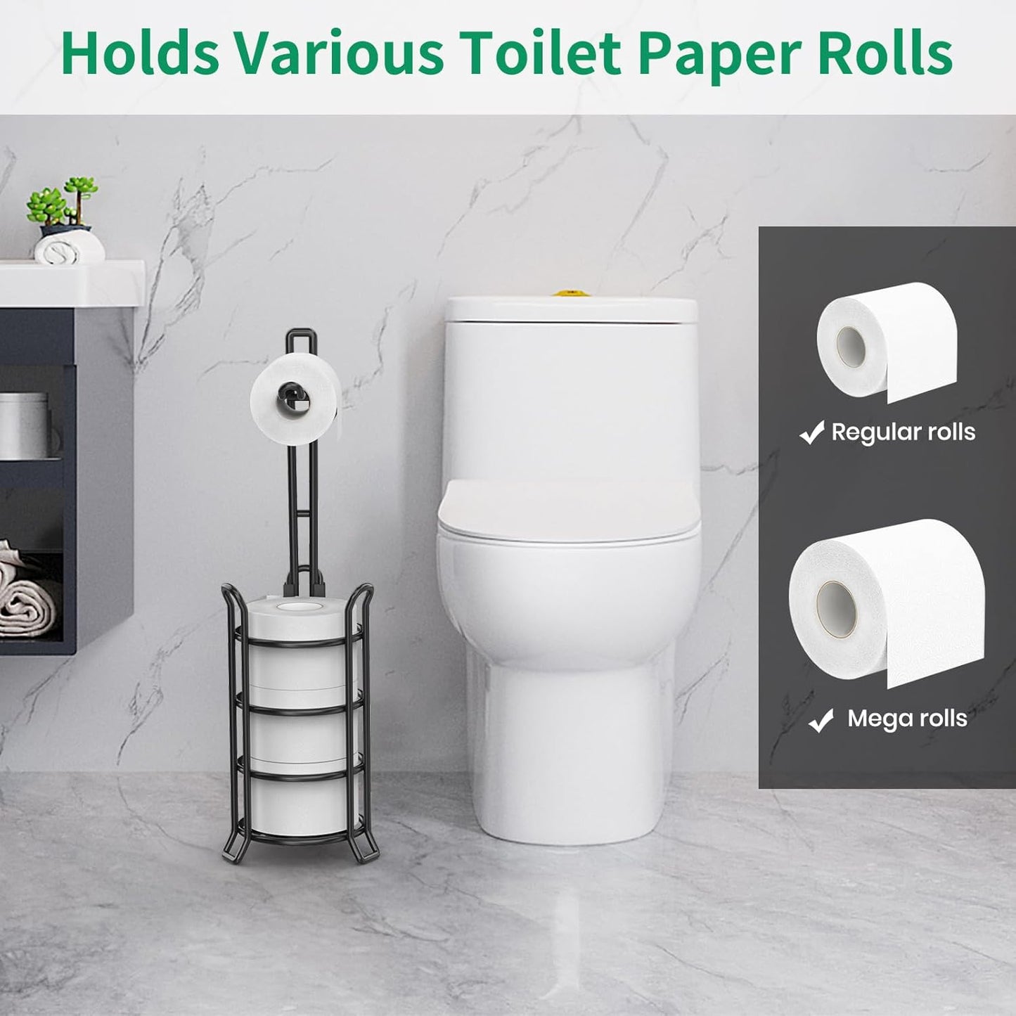 TomCare Toilet Paper Holder - Free-Standing Metal Dispenser for 3 Spare Rolls | Black Bathroom Organizer