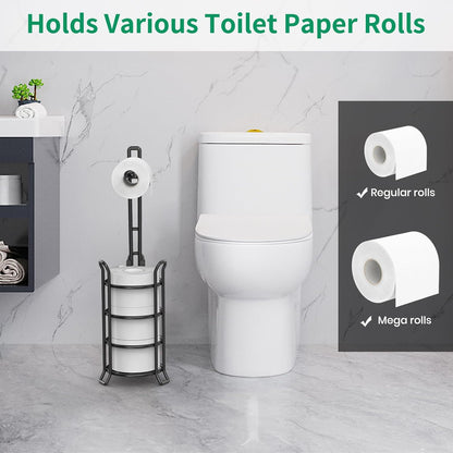 TomCare Toilet Paper Holder - Free-Standing Metal Dispenser for 3 Spare Rolls | Black Bathroom Organizer