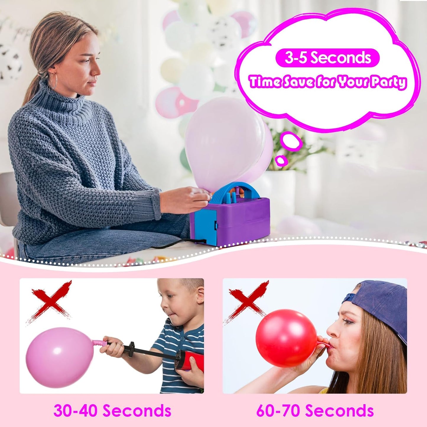 Voircoloria Electric Balloon Pump - Portable Dual Nozzle Inflator with Tying Tools for Parties | 110V 600W