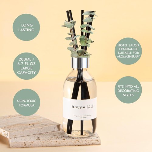 Clesh Eucalyptus Reed Diffuser Set - 6.7 oz Home Fragrance with Sticks | Elegant Bathroom Decor