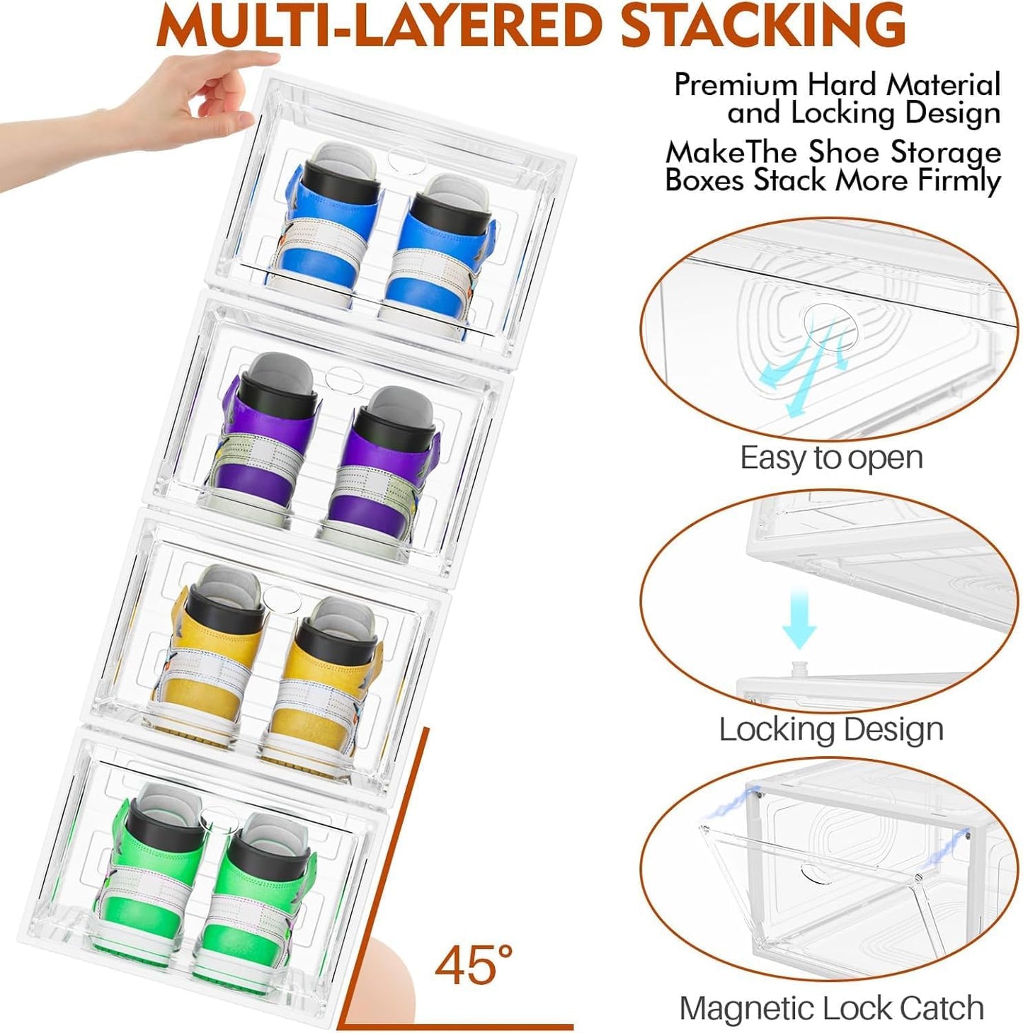 Caktraie Shoe Organizer - 10 Pack Stackable Storage Boxes with Magnetic Doors | White Sneaker Display