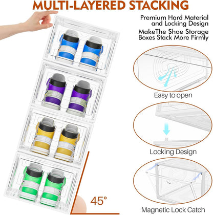Caktraie Shoe Organizer - 10 Pack Stackable Storage Boxes with Magnetic Doors | White Sneaker Display