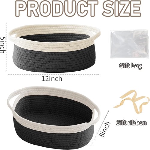 JMvicyroam Woven Storage Baskets - Small Rope Bins with Handles for Organizing | White & Black, 2-Pack