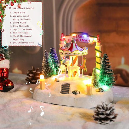 Bdor Christmas Carousel Decoration - Lighted Musical Merry-Go-Round with Reindeer & Trees - 7.5"x5.5"x6" Holiday Centerpiece